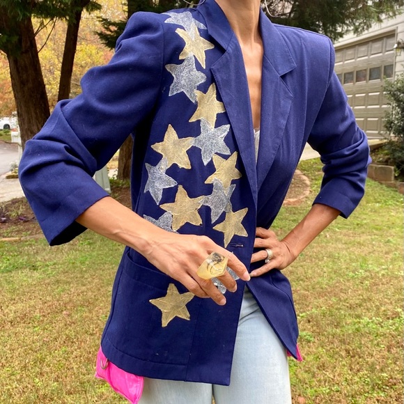 Vintage Jackets & Blazers - OOAK handpainted stars navy blazer 80s jacket M